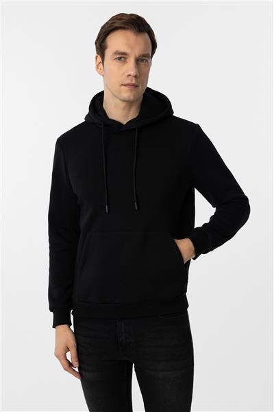 Siyah Regular Düz Kapüşonlu Yaka Sweatshirt