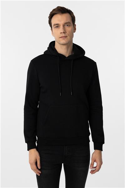 Siyah Regular Düz Kapüşonlu Yaka Sweatshirt