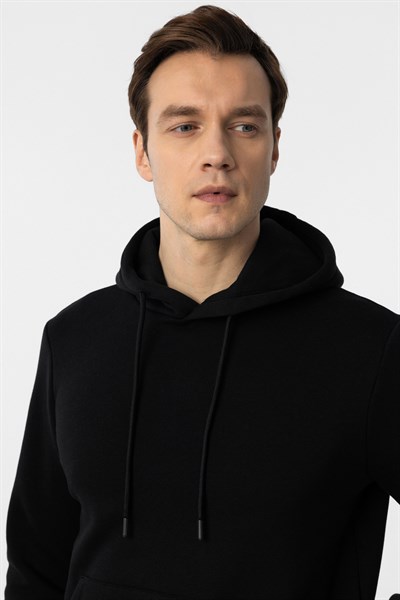 Siyah Regular Düz Kapüşonlu Yaka Sweatshirt