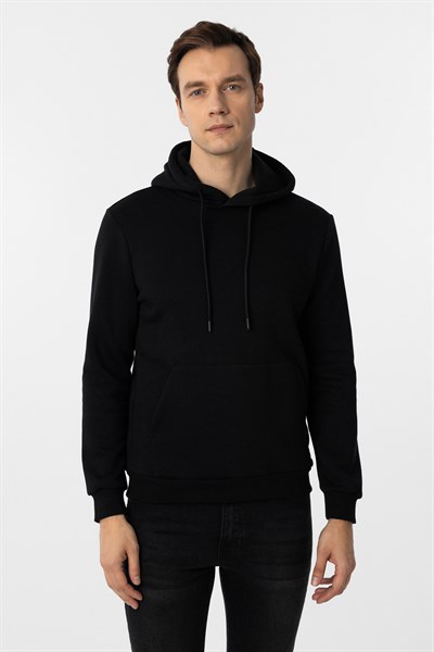 Siyah Regular Düz Kapüşonlu Yaka Sweatshirt