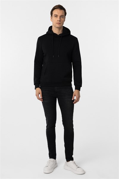 Siyah Regular Düz Kapüşonlu Yaka Sweatshirt
