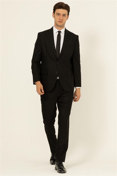 Siyah Regular Düz Mono Yaka 4 Drop Klasik Takım Elbise
