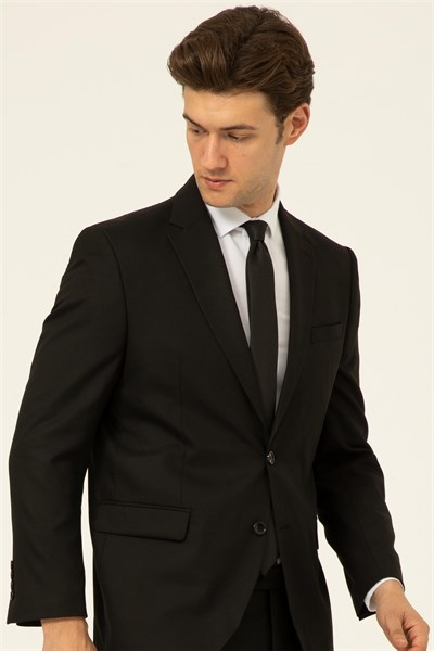 Siyah Regular Düz Mono Yaka 4 Drop Klasik Takım Elbise