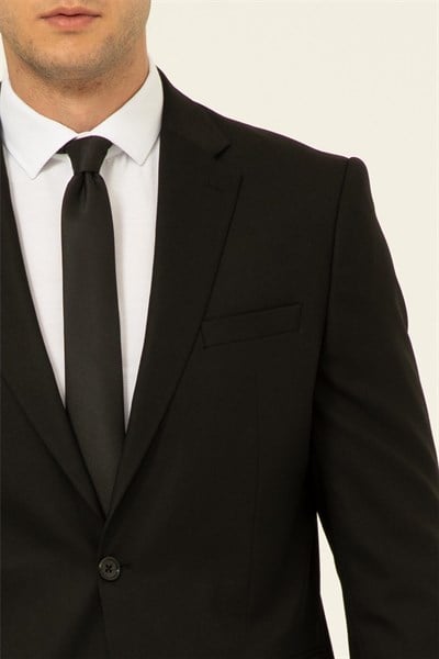 Siyah Regular Düz Mono Yaka 4 Drop Klasik Takım Elbise