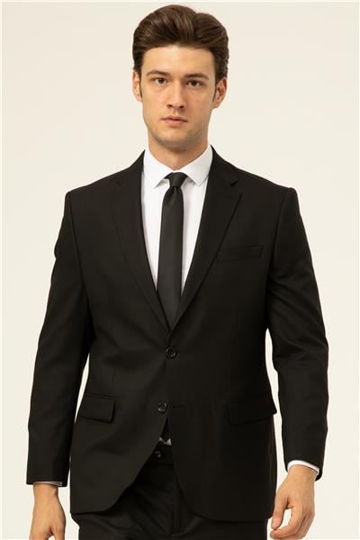 Siyah Regular Düz Mono Yaka 4 Drop Klasik Takım Elbise