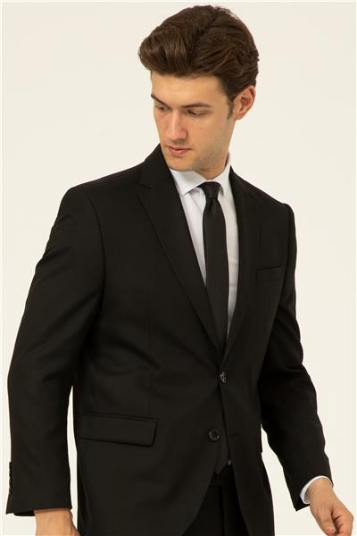 Siyah Regular Düz Mono Yaka 4 Drop Klasik Takım Elbise