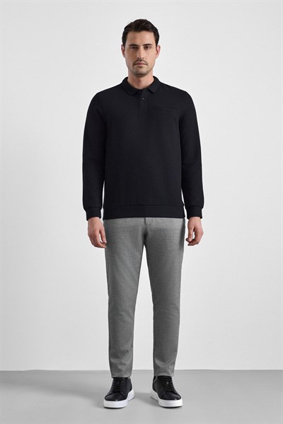 Siyah Regular Düz Polo Yaka Sweatshirt