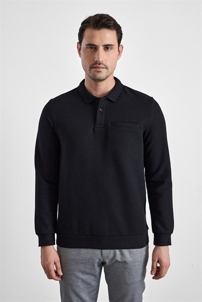 Siyah Regular Düz Polo Yaka Sweatshirt