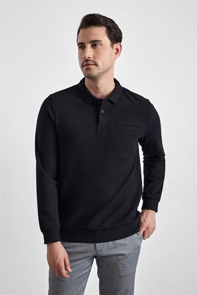 Siyah Regular Düz Polo Yaka Sweatshirt