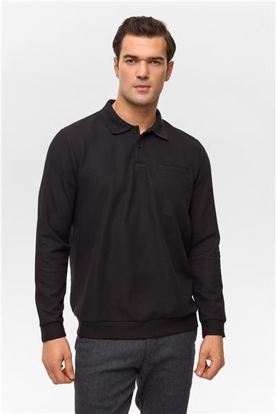 Siyah Regular Düz Polo Yaka Sweatshirt