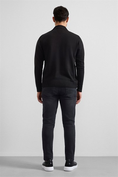 Siyah Regular Düz Polo Yaka Sweatshirt