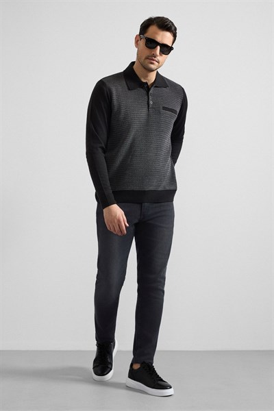 Siyah Regular Düz Polo Yaka Sweatshirt