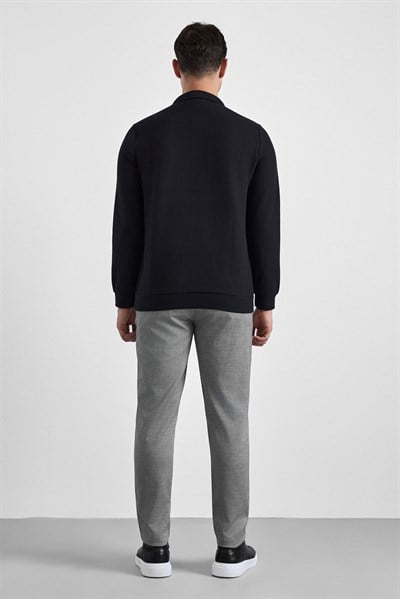 Siyah Regular Düz Polo Yaka Sweatshirt