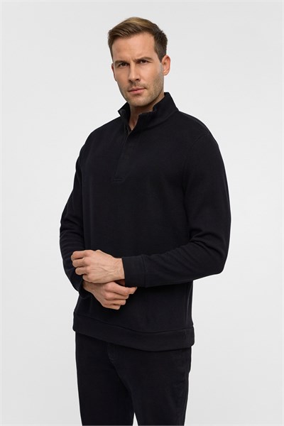 Siyah Regular Düz Polo Yaka Sweatshirt