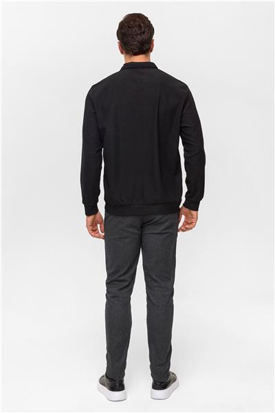 Siyah Regular Düz Polo Yaka Sweatshirt