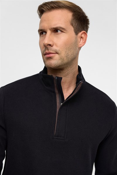 Siyah Regular Düz Polo Yaka Sweatshirt