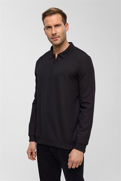 Siyah Regular Düz Polo Yaka Sweatshirt