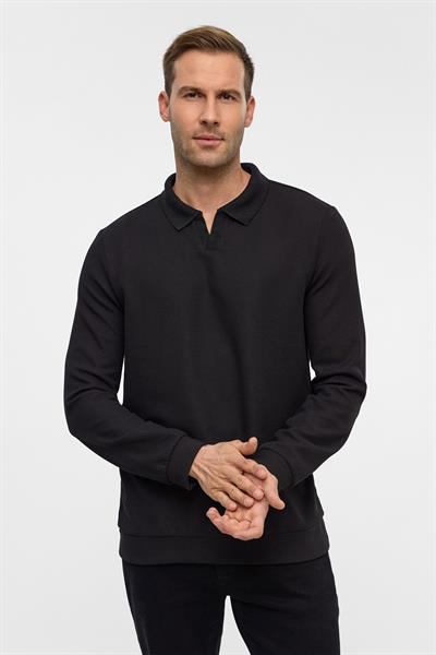 Siyah Regular Düz Polo Yaka Sweatshirt