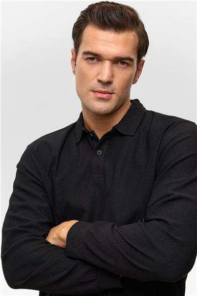 Siyah Regular Düz Polo Yaka Sweatshirt