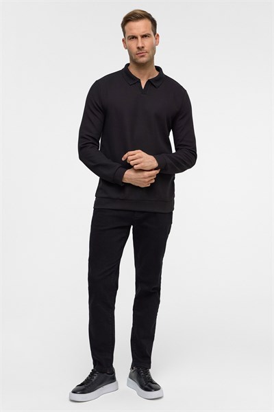 Siyah Regular Düz Polo Yaka Sweatshirt