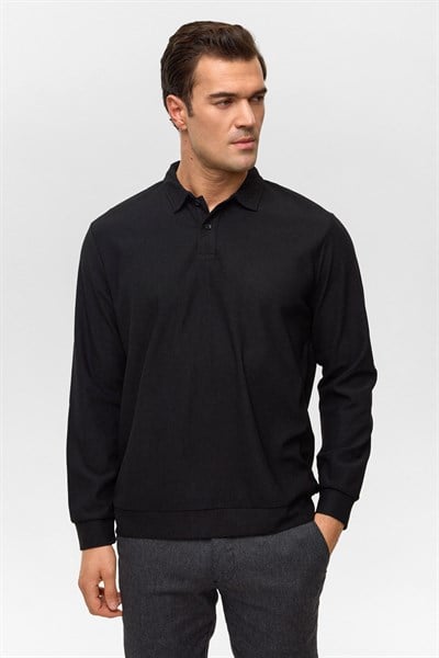 Siyah Regular Düz Polo Yaka Sweatshirt