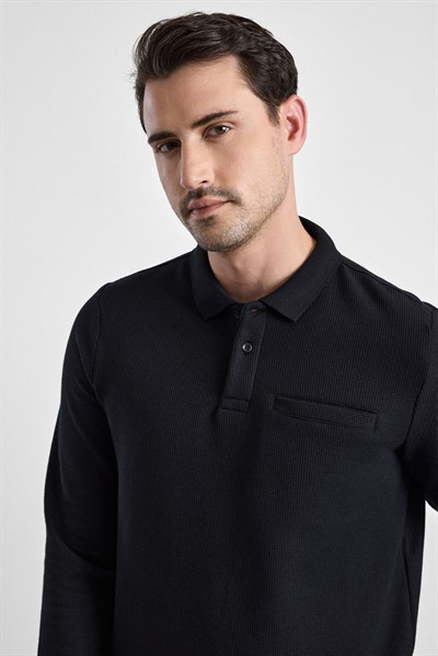 Siyah Regular Düz Polo Yaka Sweatshirt