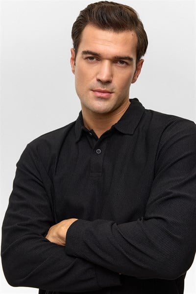 Siyah Regular Düz Polo Yaka Sweatshirt