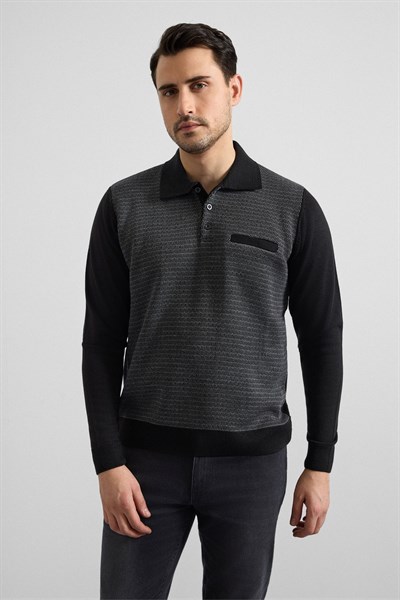Siyah Regular Düz Polo Yaka Sweatshirt