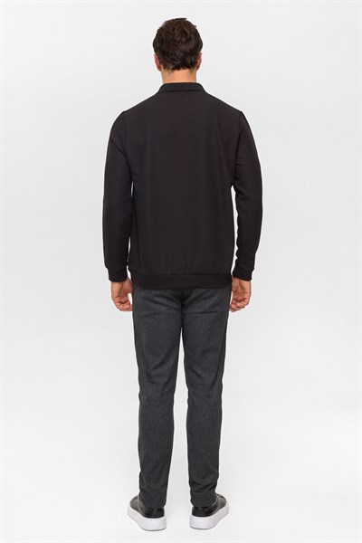 Siyah Regular Düz Polo Yaka Sweatshirt