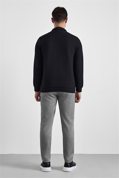 Siyah Regular Düz Polo Yaka Sweatshirt