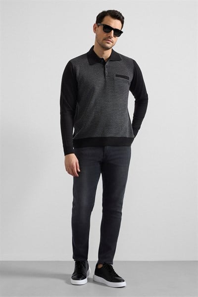 Siyah Regular Düz Polo Yaka Sweatshirt