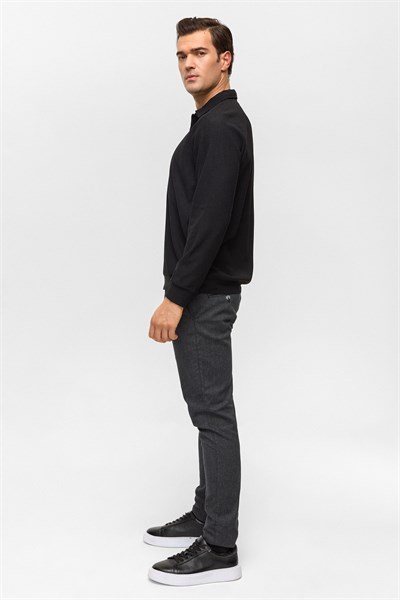 Siyah Regular Düz Polo Yaka Sweatshirt