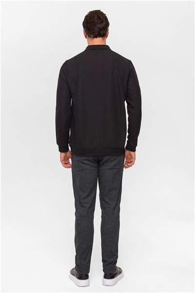 Siyah Regular Düz Polo Yaka Sweatshirt