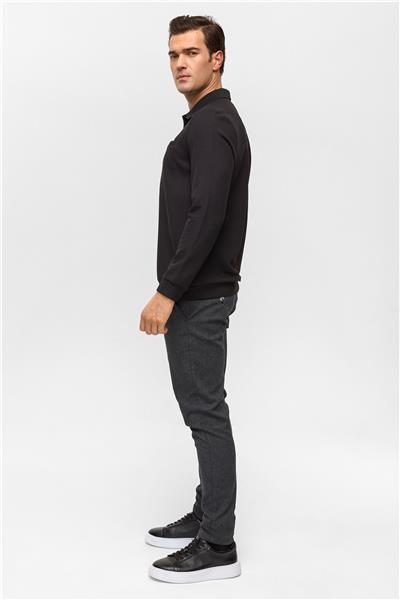 Siyah Regular Düz Polo Yaka Sweatshirt