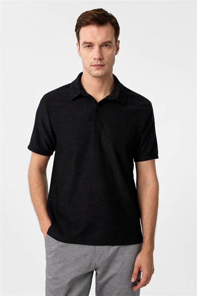 Siyah Regular Düz Polo Yaka Tişört