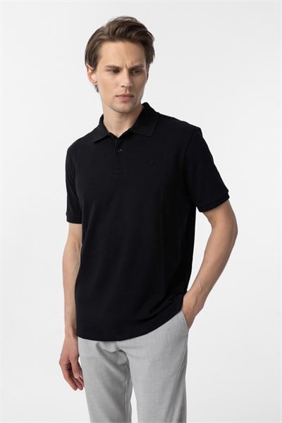 Siyah Regular Düz Polo Yaka Tişört