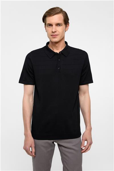 Siyah Regular Düz Polo Yaka Triko Tişört 