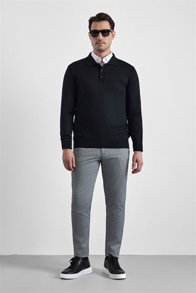Siyah Regular Düz Polo Yaka Triko