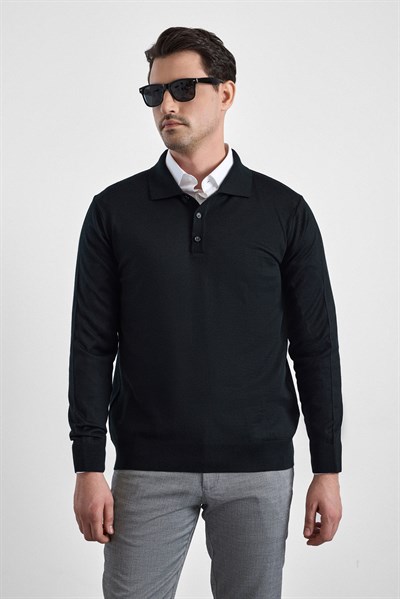 Siyah Regular Düz Polo Yaka Triko
