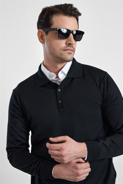 Siyah Regular Düz Polo Yaka Triko