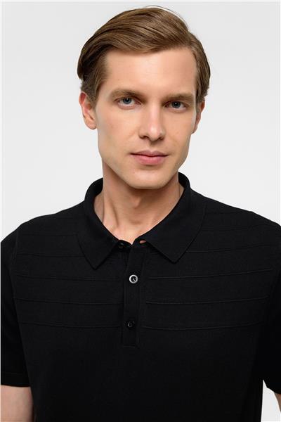 Siyah Regular Düz Polo Yaka Triko Tişört 