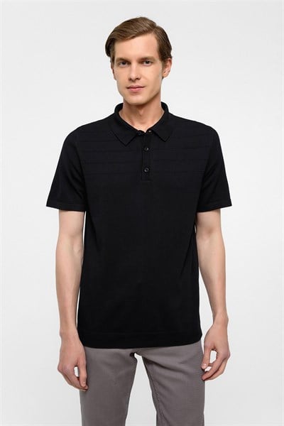 Siyah Regular Düz Polo Yaka Triko Tişört 