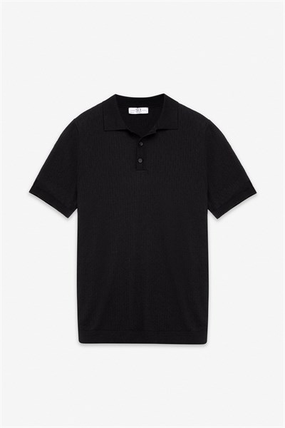 Siyah Regular Düz Polo Yaka Triko Tişört