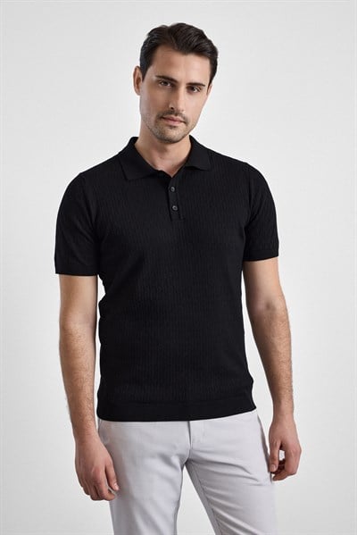 Siyah Regular Düz Polo Yaka Triko Tişört