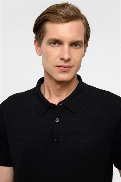 Siyah Regular Düz Polo Yaka Triko Tişört 