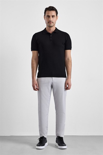 Siyah Regular Düz Polo Yaka Triko Tişört