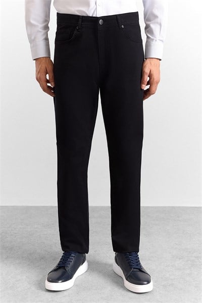 Siyah Regular Düz Twill Normal Bel Casual Pantolon