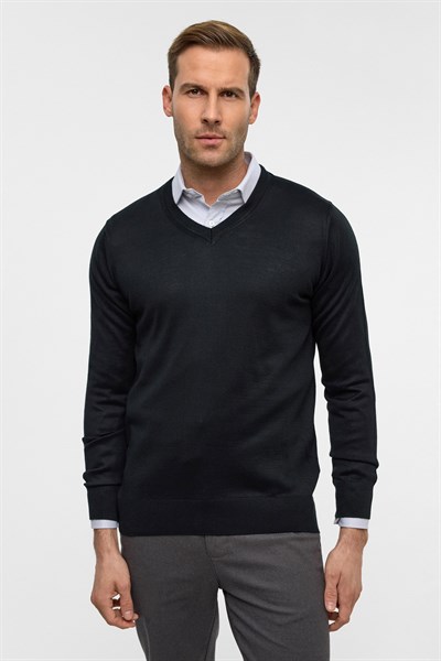 Siyah Regular Düz V Yaka Triko