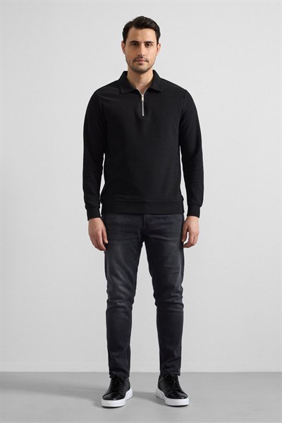 Siyah Regular Düz Yarım Balıkçı Yaka Sweatshirt