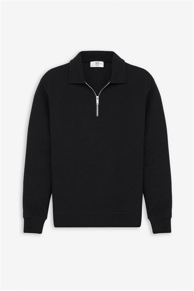 Siyah Regular Düz Yarım Balıkçı Yaka Sweatshirt